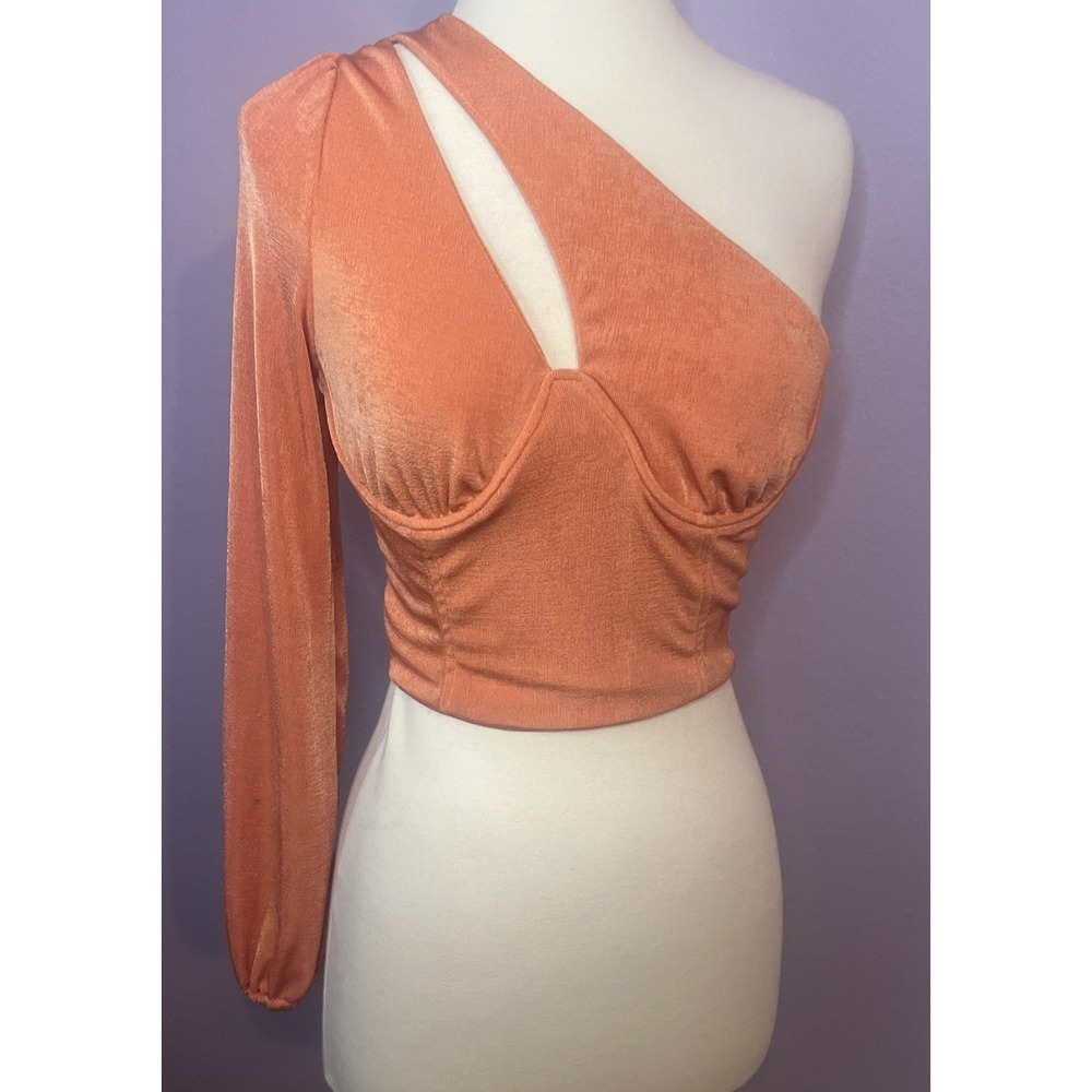 Orange Peach One Shoulder Underwire Corset Crop Top Long Sleeve Bustier Large